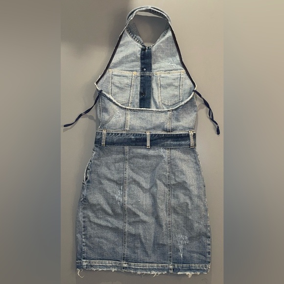 NEW W/ TAGS RETROFÊTE TAMAR DRESS IN CRESCENT 
DENIM HALTER TOP DRESS W POCKETS - Picture 3 of 8